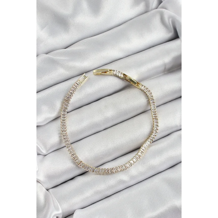 BUĞZ Pirinç Zirkon Taşlı İnce Su Yolu Model Gold Renk Kadın Bileklik - BUĞZ