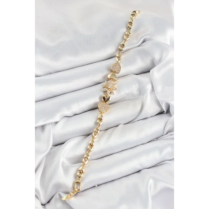 BUĞZ Pirinç Zirkon Taşlı Kalp Detaylı Çiçek Model Gold Renk Kadın Bileklik - Lisinya