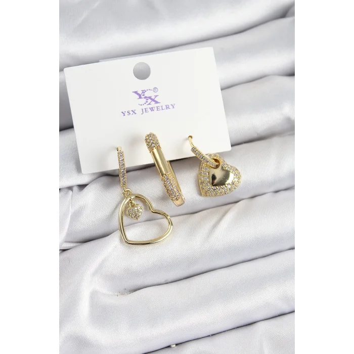 BUĞZ Pirinç Zİrkon Taşlı Kalp Model Gold Renk 3lü Kadın Küpe