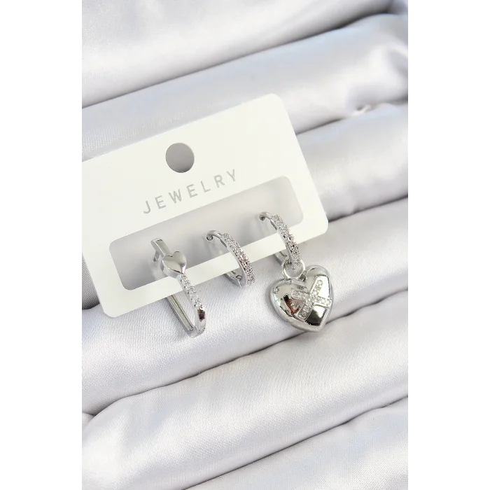 BUĞZ Pirinç Zirkon Taşlı Kalp Model Gümüş Renk 3lü Çift Kadın Küpe Set