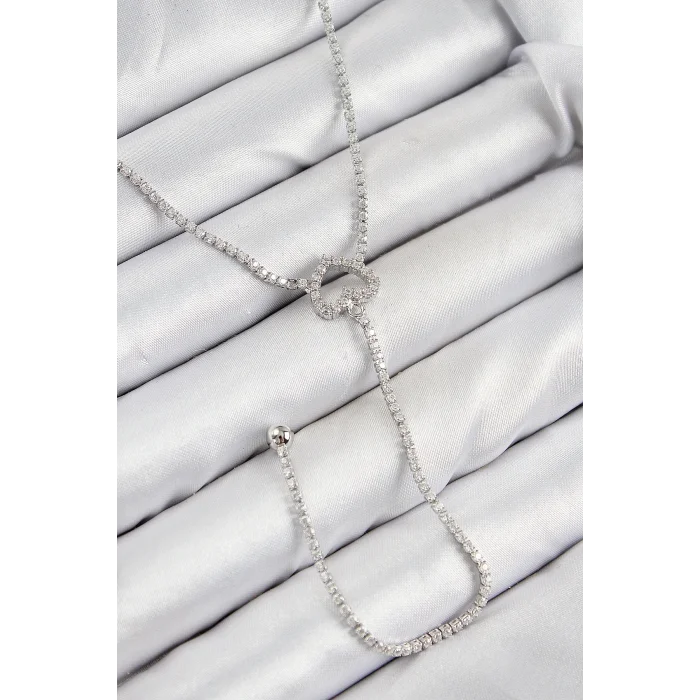 BUĞZ Pirinç Zirkon Taşlı Kalp Model Gümüş Renk  Y Kolye