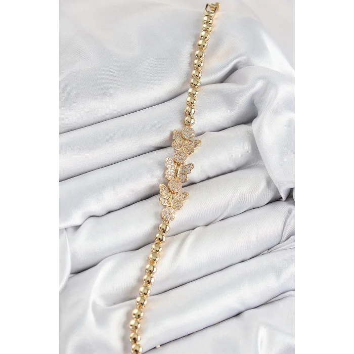 BUĞZ Pirinç Zirkon Taşlı Kelebek Model Gold Renk Kadın Bileklik - Lisinya