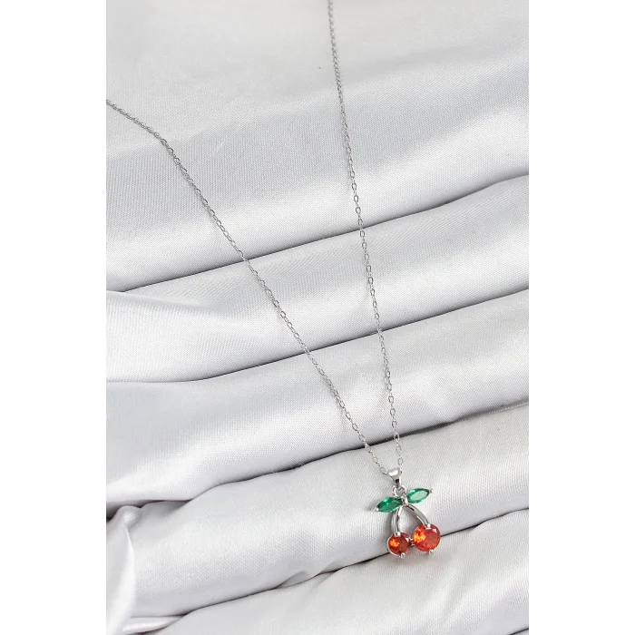 BUĞZ Pirinç Zirkon Taşlı Kiraz Model Gümüş Renk Kadın Kolye - Lisinya