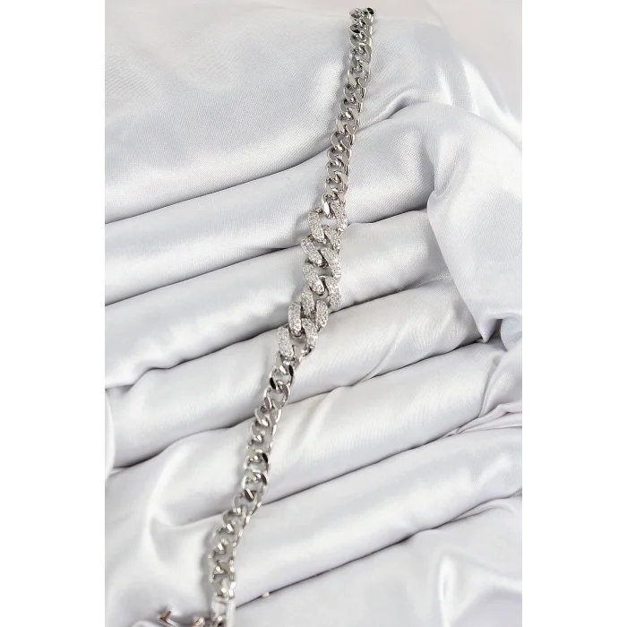 BUĞZ Pirinç Zirkon Taşlı Küba Zincir Model Gümüş Renk Kadın Bileklik