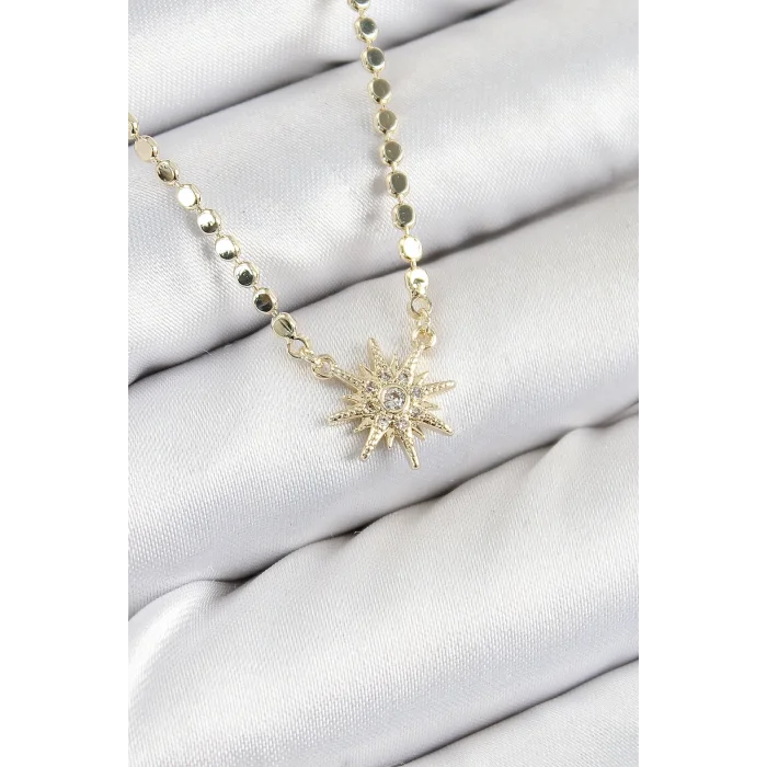 BUĞZ Pirinç Zirkon Taşlı Kutup Yıldızı Model Ezme Zincir Gold Renk Kadın Kolye