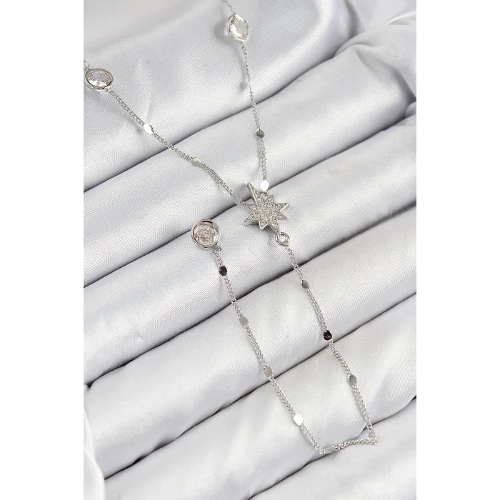 BUĞZ Pirinç Zirkon Taşlı Kutup Yıldızı Model Gümüş Renk Y Kolye