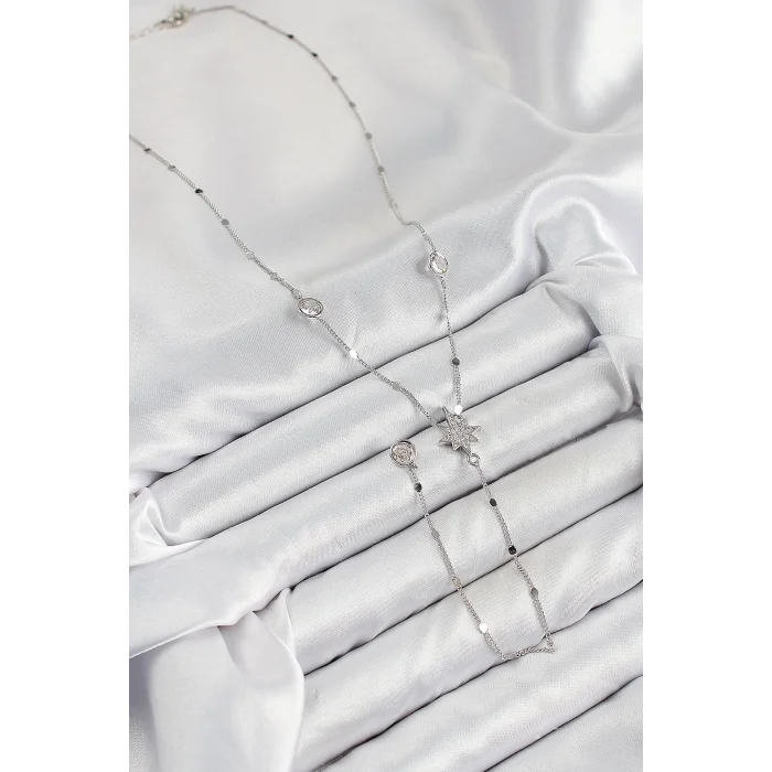 BUĞZ Pirinç Zirkon Taşlı Kutup Yıldızı Model Gümüş Renk Y Kolye