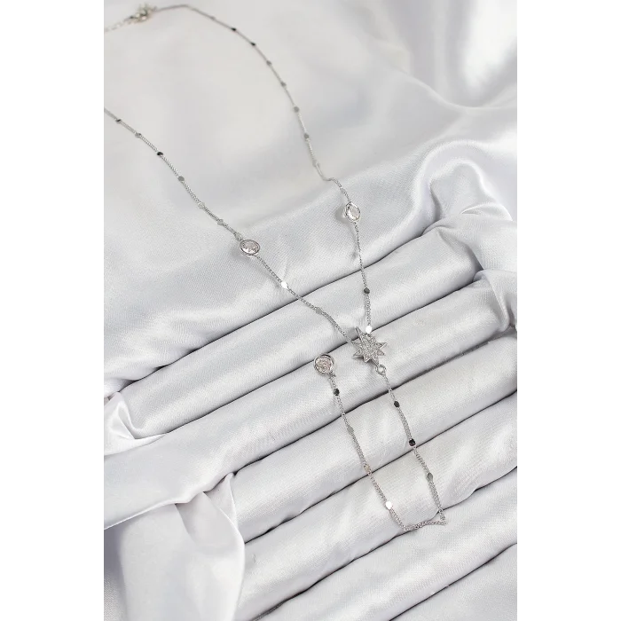 BUĞZ Pirinç Zirkon Taşlı Kutup Yıldızı Model Gümüş Renk Y Kolye - Lisinya