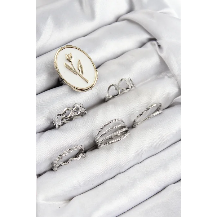 BUĞZ Pirinç Zirkon Taşlı Lale Model Gümüş Renk Kadın Yüzük Kombin Set