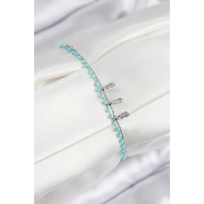 BUĞZ Pirinç Zirkon Taşlı Mavi Boncuklu Model Gümüş Renk Kadın Bileklik