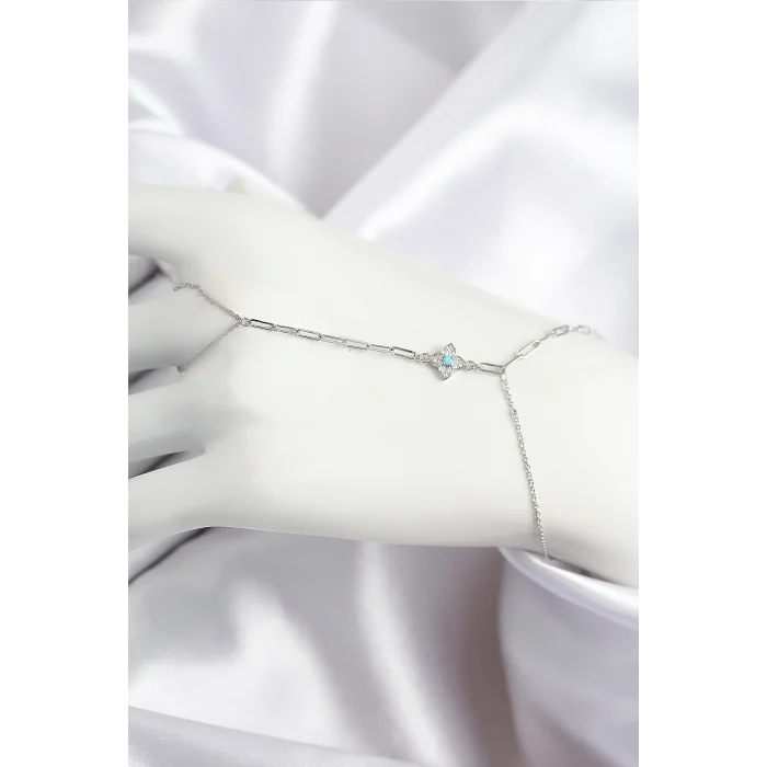 BUĞZ Pirinç Zirkon Taşlı Mavi Boncuklu Yonca Model Gümüş Renk Şahmeran