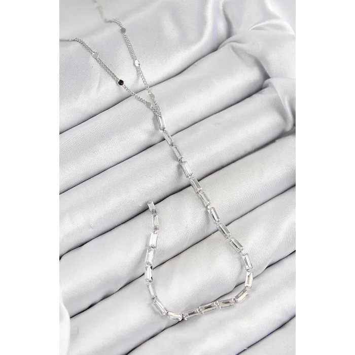 BUĞZ Pirinç Zirkon Taşlı Model Gümüş Renk Y Kolye