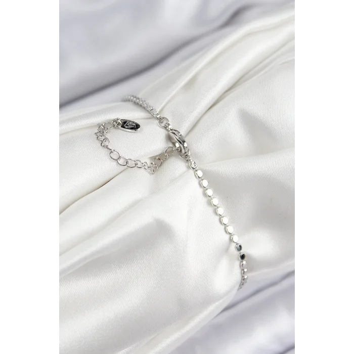 BUĞZ Pirinç Zirkon Taşlı Nazar Model Ezme Zincir Gümüş Renk Kadın Bileklik - Lisinya