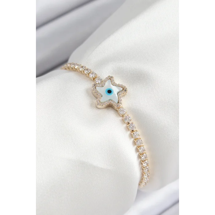 BUĞZ Pirinç Zirkon Taşlı Nazar Yıldız Model Gold Renk Asansörlü Kadın Bileklik