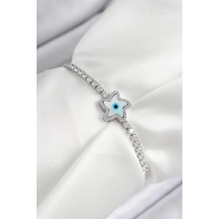 BUĞZ Pirinç Zirkon Taşlı Nazar Yıldız Model Gümüş Renk Asansörlü Kadın Bileklik