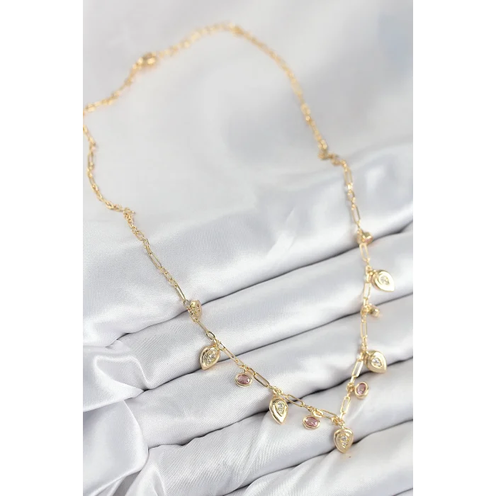 BUĞZ Pirinç Zirkon Taşlı Sallantılı Damla Model Gold Renk Kadın Kolye - BUĞZ