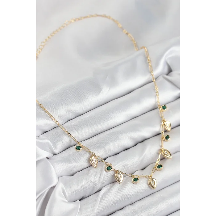 BUĞZ Pirinç Zirkon Taşlı Sallantılı Damla Model Gold Renk Kadın Kolye - Lisinya