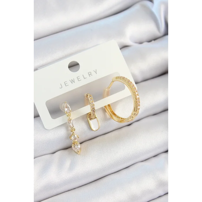BUĞZ Pirinç Zirkon Taşlı Sallantılı Model Gold Renk 3lü Çift Kadın Küpe Set