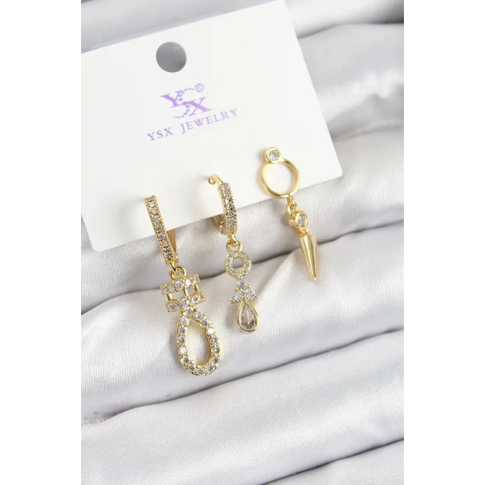 BUĞZ Pirinç Zİrkon Taşlı Sallantılı Model Gold Renk 3lü Kadın Küpe