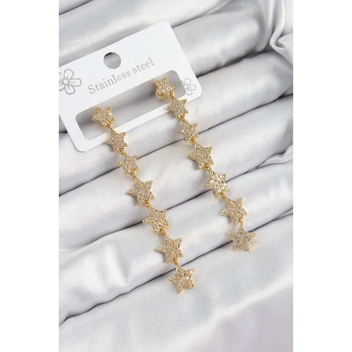 BUĞZ Pirinç Zirkon Taşlı Sallantılı Yıldız Model Gold Renk Kadın Küpe