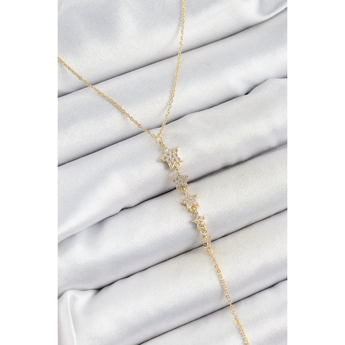 BUĞZ Pirinç Zirkon Taşlı Sıralı Yıldız Figürlü Y Model Gold Renk Kadın Kolye