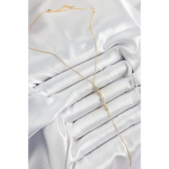 BUĞZ Pirinç Zirkon Taşlı Sıralı Yıldız Figürlü Y Model Gold Renk Kadın Kolye - BUĞZ