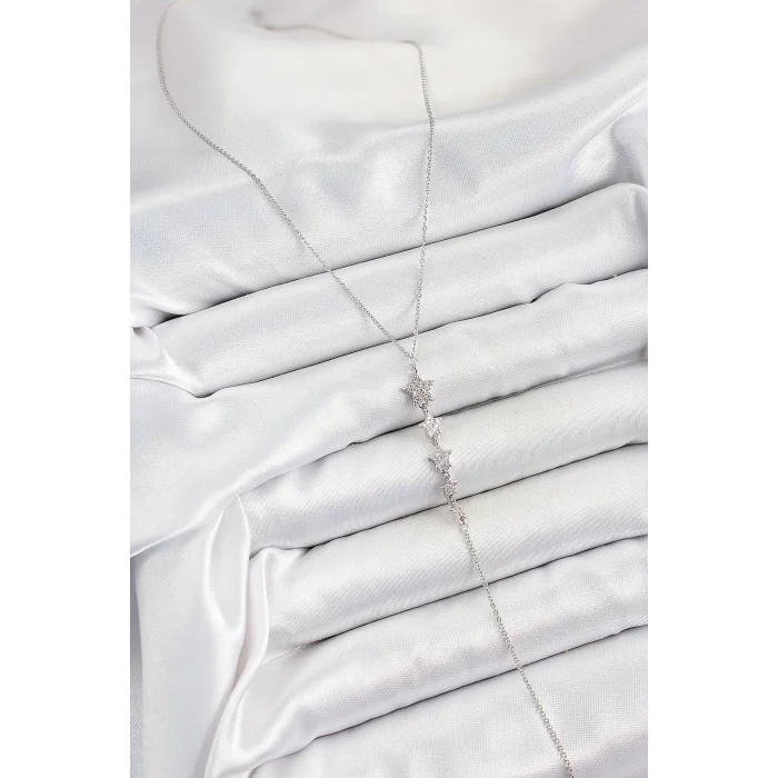 BUĞZ Pirinç Zirkon Taşlı Sıralı Yıldız Figürlü Y Model Gümüş Renk Kadın Kolye