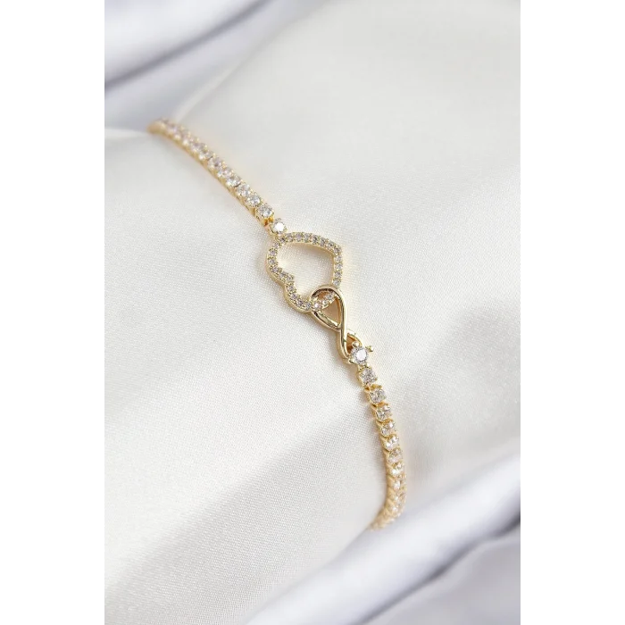 BUĞZ Pirinç Zirkon Taşlı Sonsuzluk Kalp Model Gold Renk Kadın Bileklik