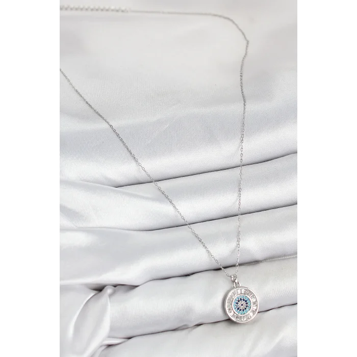 BUĞZ Pirinç Zirkon Taşlı Su Yolu Nazar Model Gümüş Renk Kadın Kolye - Lisinya