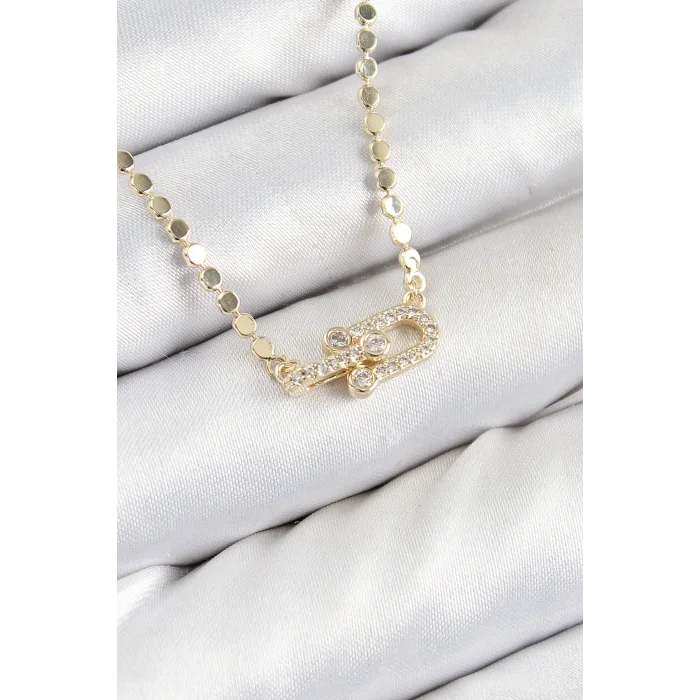 BUĞZ Pirinç Zirkon Taşlı Tifany Model Ezme Zincir Gold Renk Kadın Kolye