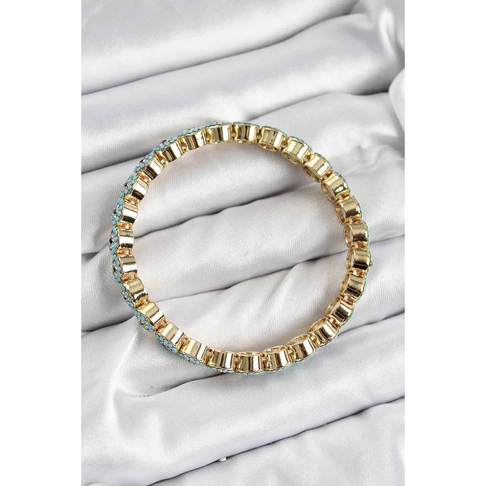 BUĞZ Pirinç Zirkon Taşlı Turkuaz Nazar Model Gold Renk Lastikli Kadın Bileklik - Lisinya