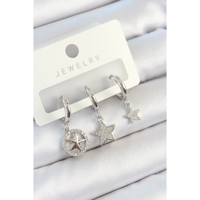 BUĞZ Pirinç Zirkon Taşlı Yıldız Model Gümüş Renk 3lü Çift Kadın Küpe Set