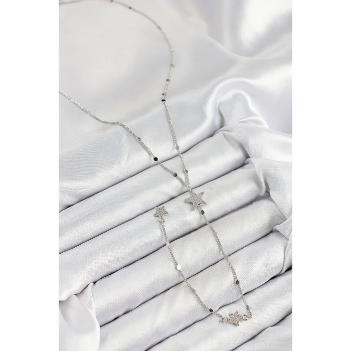 BUĞZ Pirinç Zirkon Taşlı Yıldız Model Gümüş Renk Y Kolye