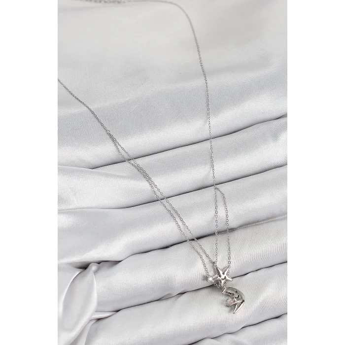 BUĞZ Pirinç Zirkon Taşlı Yıldız Ve Ay Model Gümüş Renk Kadın Kolye - Lisinya