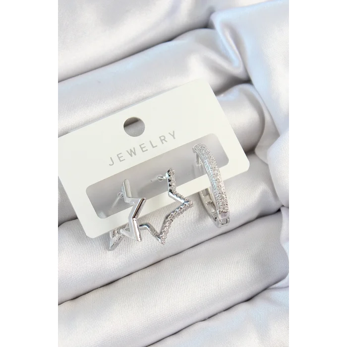 BUĞZ Pirinç Zirkon Taşlı Yıldız Ve Halka Model Gümüş Renk 3lü Çift Kadın Küpe Set