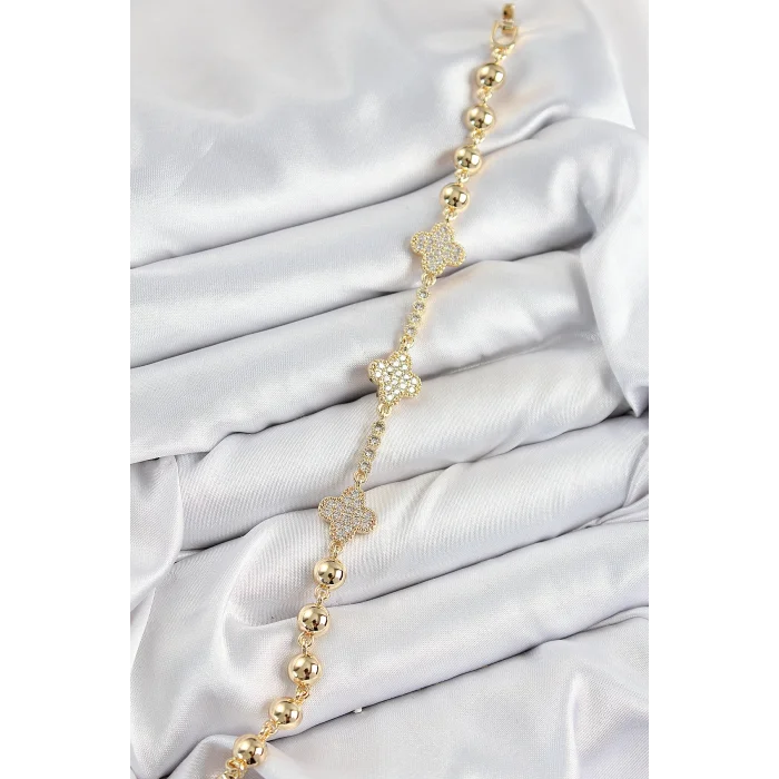 BUĞZ Pirinç Zirkon Taşlı Yonca Model Gold Renk Kadın Bileklik - Lisinya