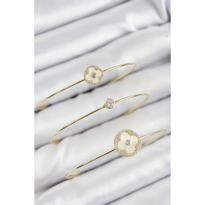 BUĞZ Pirinç Zirkon Taşlı Yonca Model Gold Renk Vip 3lü Kadın Bileklik - Lisinya