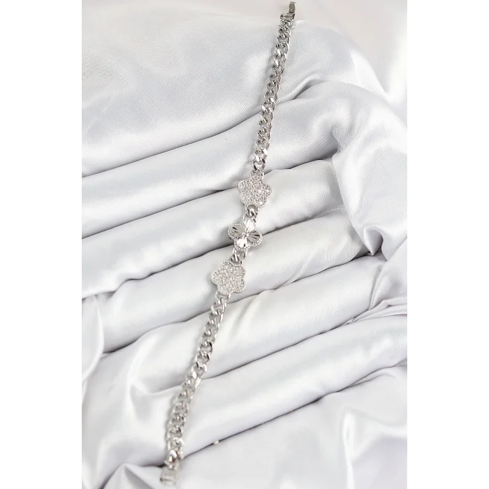 BUĞZ Pirinç Zirkon Taşlı Yonca Model Gümüş Renk Kadın Bileklik - Lisinya