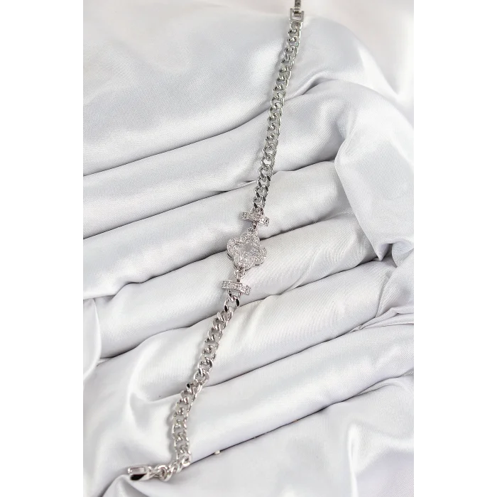 BUĞZ Pirinç Zirkon Taşlı Yonca Model Gümüş Renk Kadın Bileklik - Lisinya