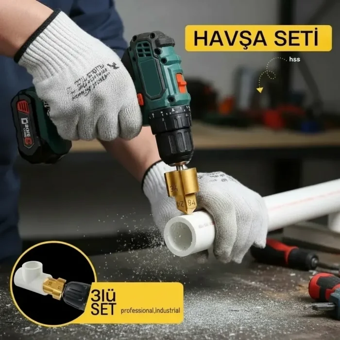 BUĞZ Plastik Boru Kalemtraş Kademeli Boru Açma Pvc Pprc Boru Tamir Delme Genişletme Onarımı İçin 3lü Havşa Seti