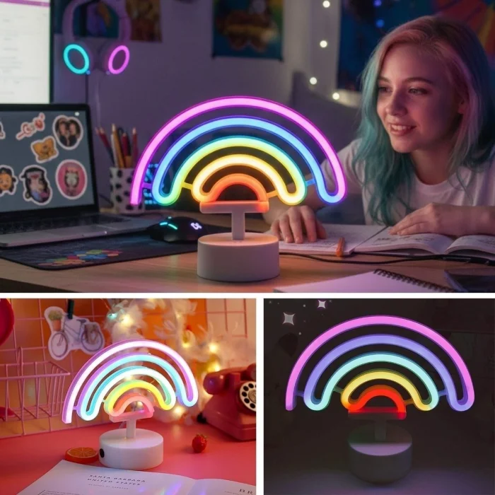 BUĞZ Plastik Gökkuşağı Neon LED Işık – Dekoratif Renkli Masaüstü ve Ambiyans Aydınlatması