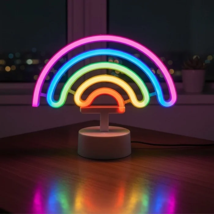 BUĞZ Plastik Gökkuşağı Neon LED Işık – Dekoratif Renkli Masaüstü ve Ambiyans Aydınlatması