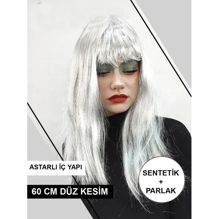 BUĞZ Platin Gri Gümüş Renk Uzun Parti Peruğu Uzun Takma Peruk