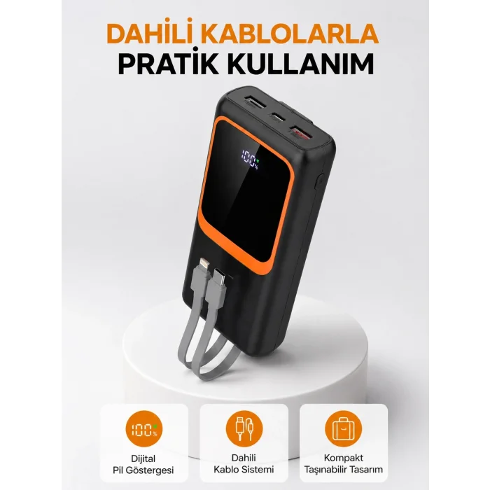 BUĞZ Powerbank 20000 mAh Dijital Ekranlı ve Çok Kablolu Hızlı Şarj Cihazı