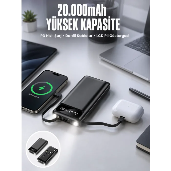 BUĞZ Powerbank 20.000 Mah Dijital Göstergeli LCD Ekran Uzun Pil Ömrü Yeni Nesil