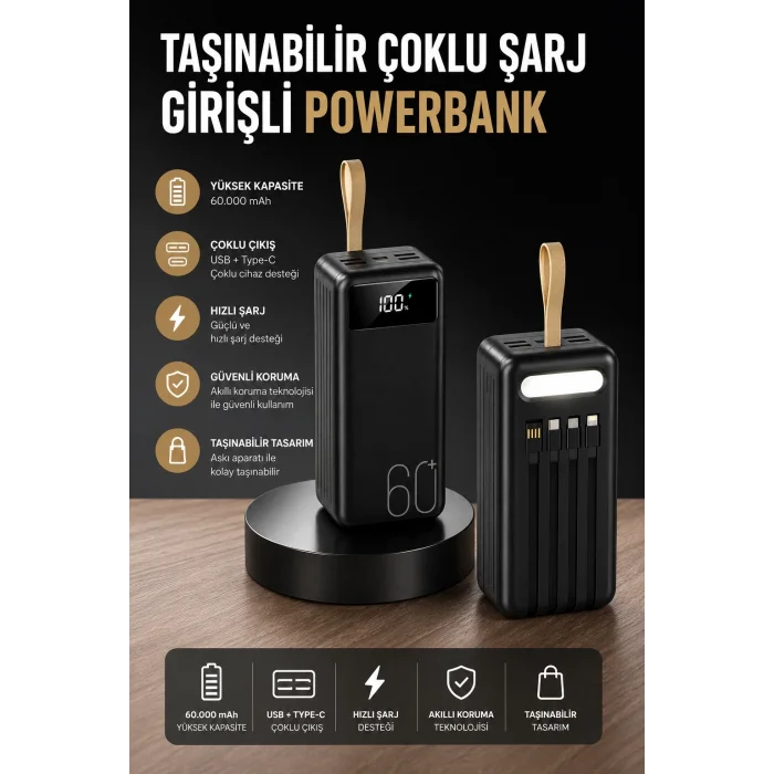 BUĞZ Powerbank 60.000 MAH 4 Portlu Uzun Şarj Süreli Dijital Göstergeli