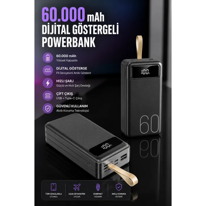 BUĞZ Powerbank 60.000 Mah Hızlı Şarj 4 Çıkışlı Uzun Şarj Süreli Dijital Göstergeli
