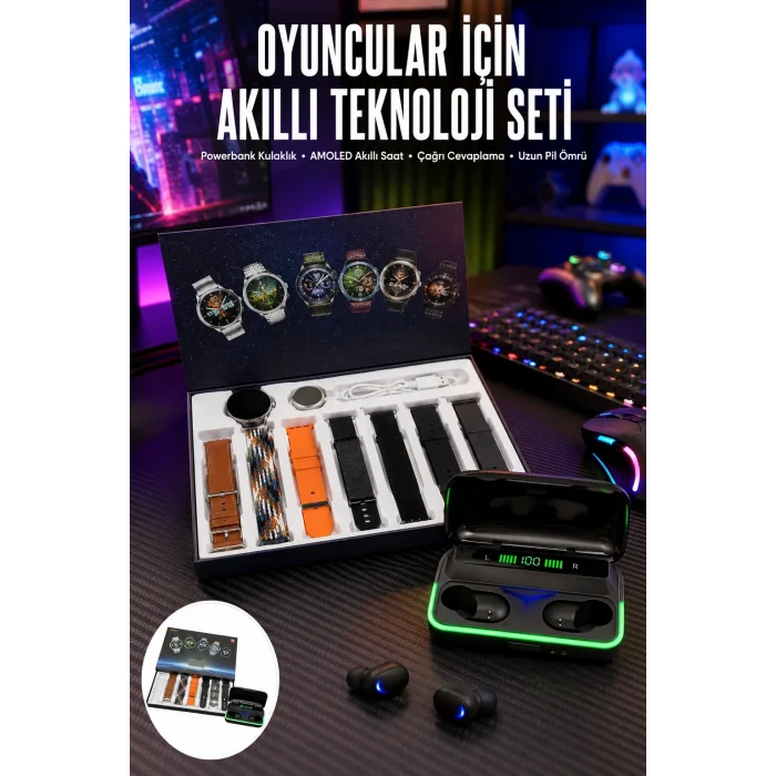 BUĞZ Powerbank Bluetooth Kulaklık Ve Akıllı Saat 7 Kordonlu Metal Kordon Plastik Kordon