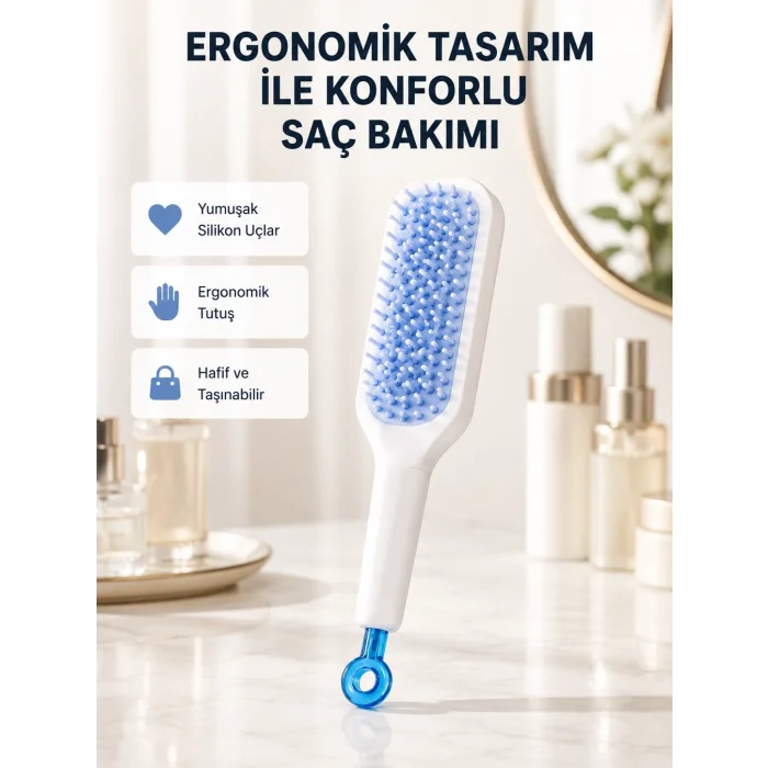 BUĞZ Pratik Mekanizmalı Saç Tarağı – Kendi Kendini Temizler, Taşınabilir