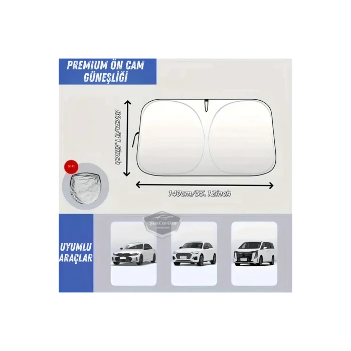 BUĞZ Premium Katlanır Oto Ön Arka Cam Güneşliği Metalize Isı Yalıtımlı Çantalı 150x70cm